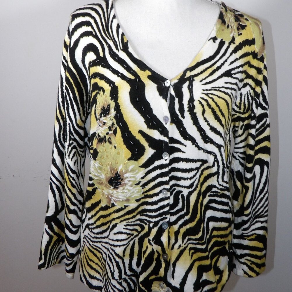 PIERRI NEW YORK Sweater Women's XL Black Floral Beaded Sequin Animal Print Top